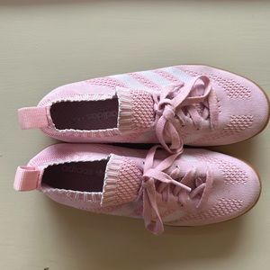 Adidas baby pink and white knit sambas